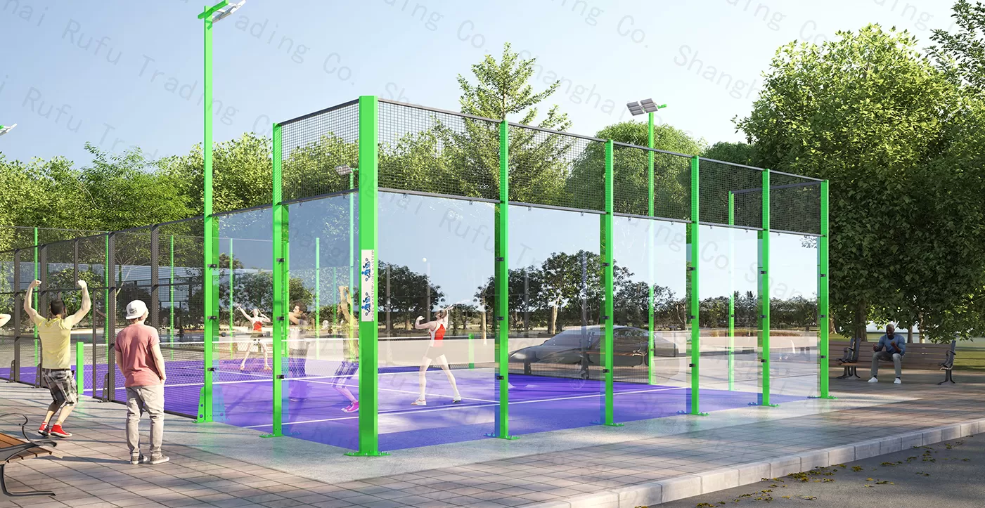 This is the padel court without canopy ordered by the customer, the foot post is thickened and the color of the post is changed to fresh and lively green, the perfect combination of purple and green makes the overall atmosphere look more energetic.